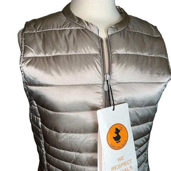 NEW Save The Duck Women M CINDY Puffer Vest Khaki Beige Thin Ultra Light NWT - Picture 5 of 11
